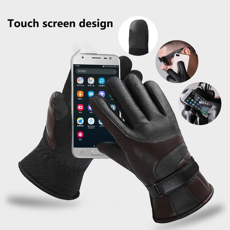 1 Pair Winter Touch Screen Leather Gloves For Men Warm Windproof Anti Slip Motorcycle Rider Equipment Gloves