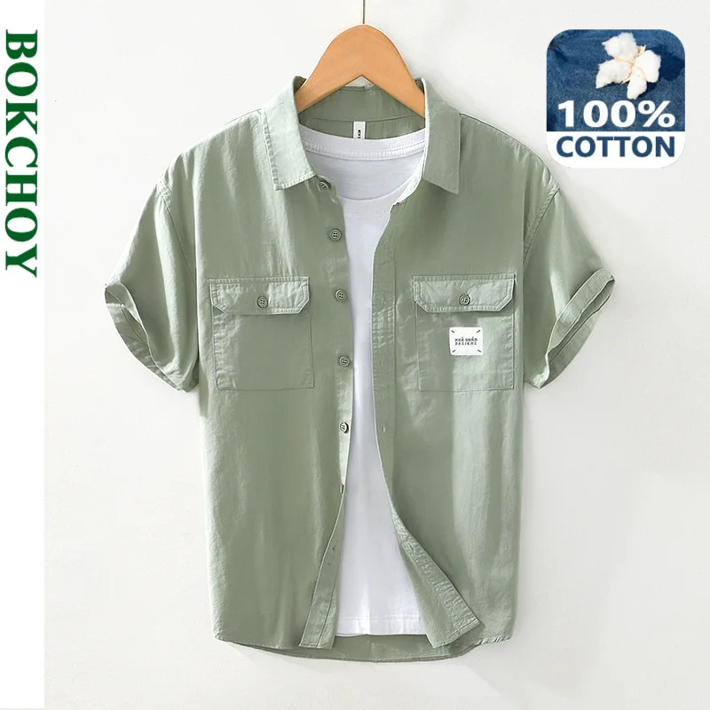 2024 Spring Summer New Casual Cargo Pure Cotton Short Sleeve Shirts Men Clothing Solid Color Thin Comfortable Streetwear BL2057