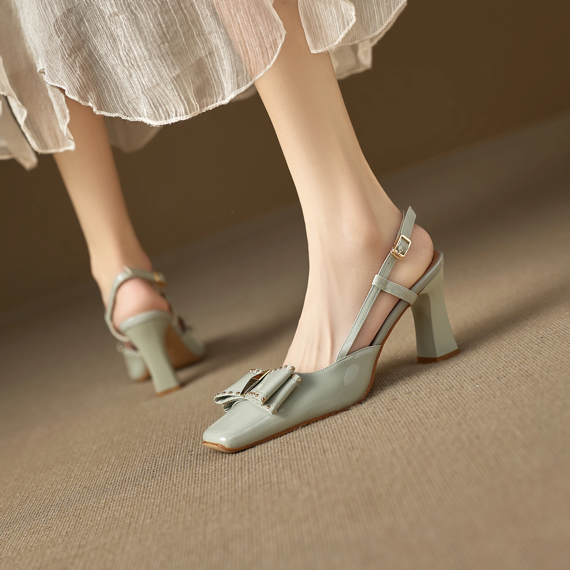 

Genuine Leather Cowhide Patent Leather Women's Sandals, Square Closed Toe High Heels, Fashion Party Summer Women's Shoes