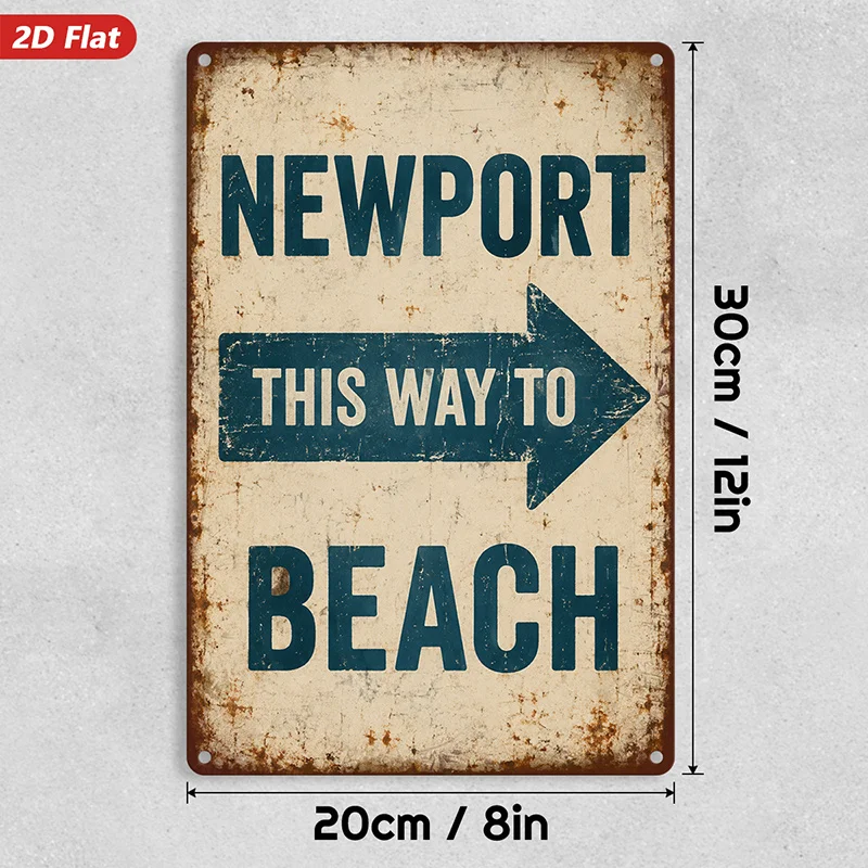 2D Flat, 1pc Metal Sign Wall Art, Home Decor, Newport Beach Text, Ideal for Workspace Garden, Botanical Vintage Style, Natural B