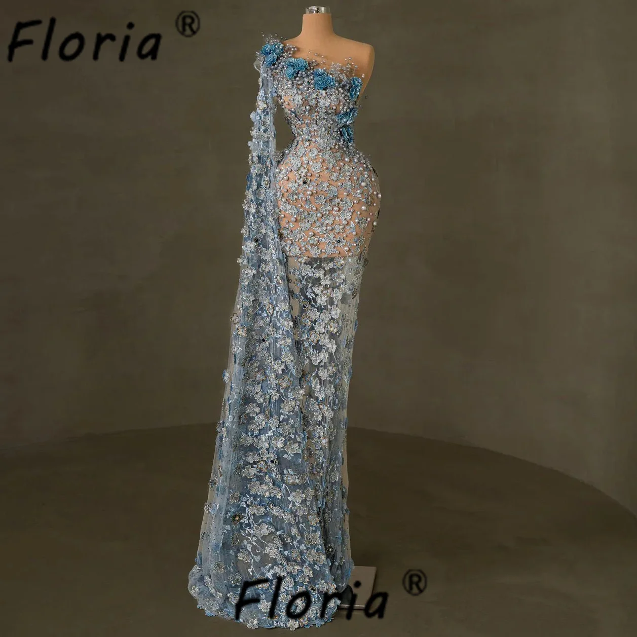 

Luxury Pearls Flowers Dubai Evening Dresses Beaded 3D Appliques Lace Floral Boho Mermaid Wedding Party Dress Long Celebrity Robe