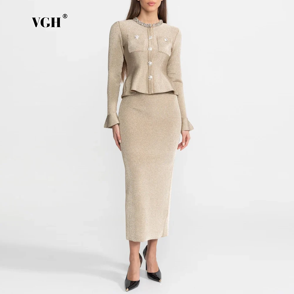 

Роскошные шикарные золотые вязаные платья миди VGH для женщин с кристаллическим воротником, жемчужными пуговицами и оборками на рукавах для торжественных ужинов и вечеринок