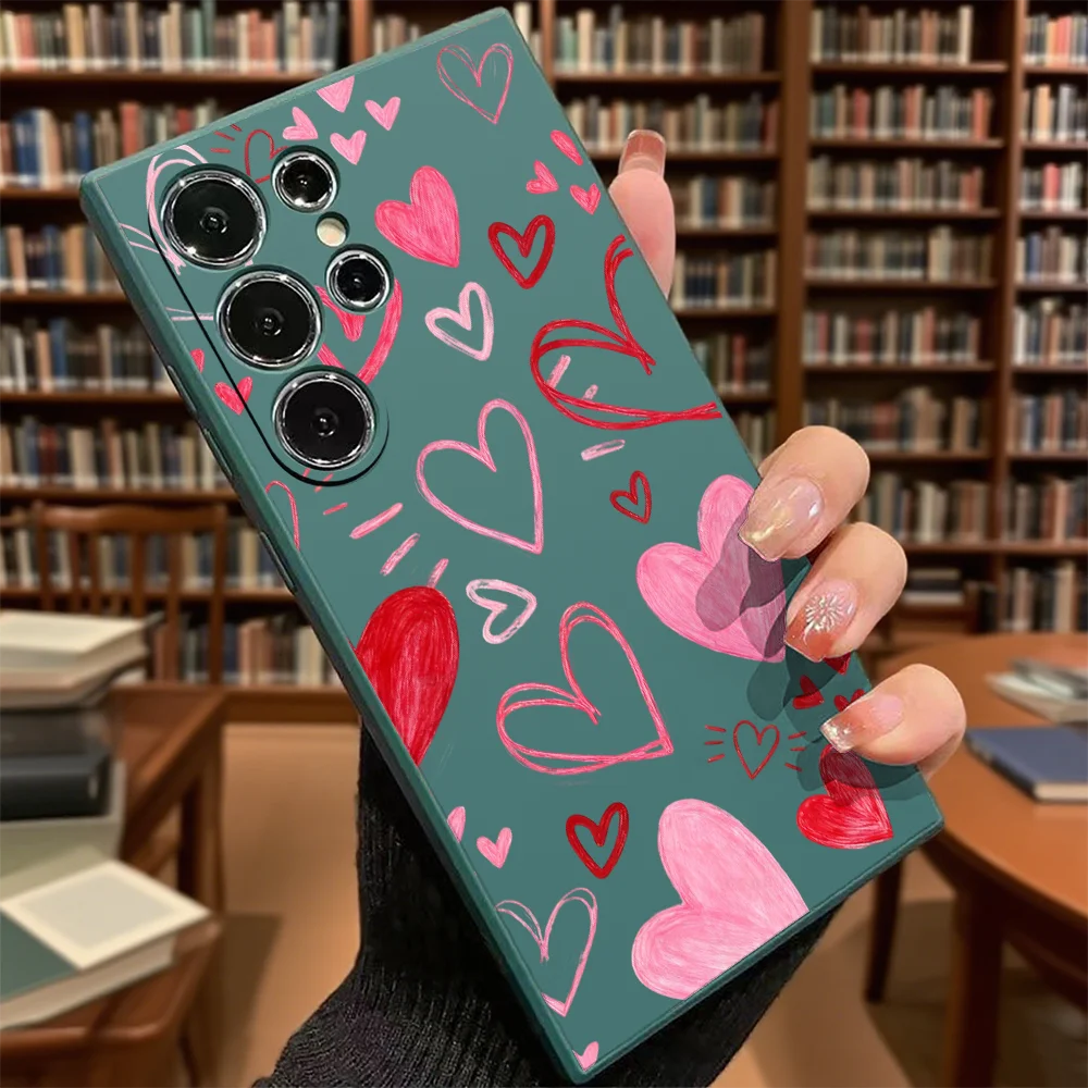 Hand-drawn Pink Heart Pattern Case for Samsung Galaxy S25 S24 Ultra S23 S22 S21 S20 FE Plus Soft TPU Slim Fit Shockproof Cover