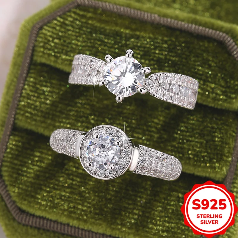 Fashionable and Cool Authentic S925 Silver Round Six-claw Zircon Engagement and Proposal Couple Ring