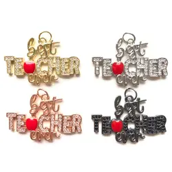5pcs Best Teacher Ever Words Charm Pendants Zirconia Paved Graduation Bracelet Making Girl Necklace Creation Teacher's day Gifts