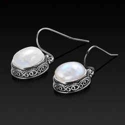 Oval Natural Moonstone Drop Earrings for Women Vintage S925 Silver Ear Jewelry Party Engagement Wedding Gift Jewelry