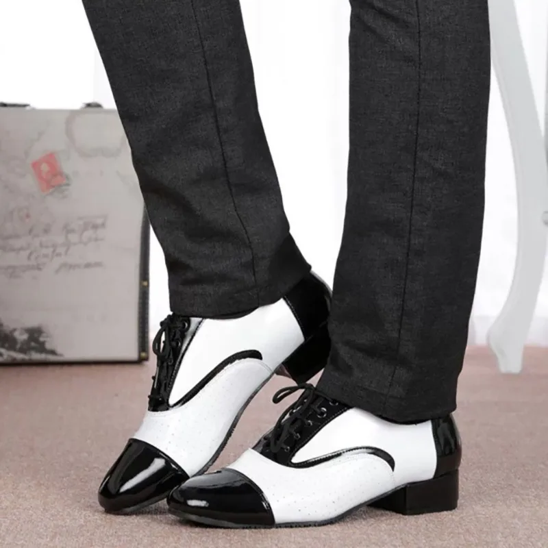 customized Latin dance shoes men's leather black white international adult breathable soft sole modern ballroom dance shoes