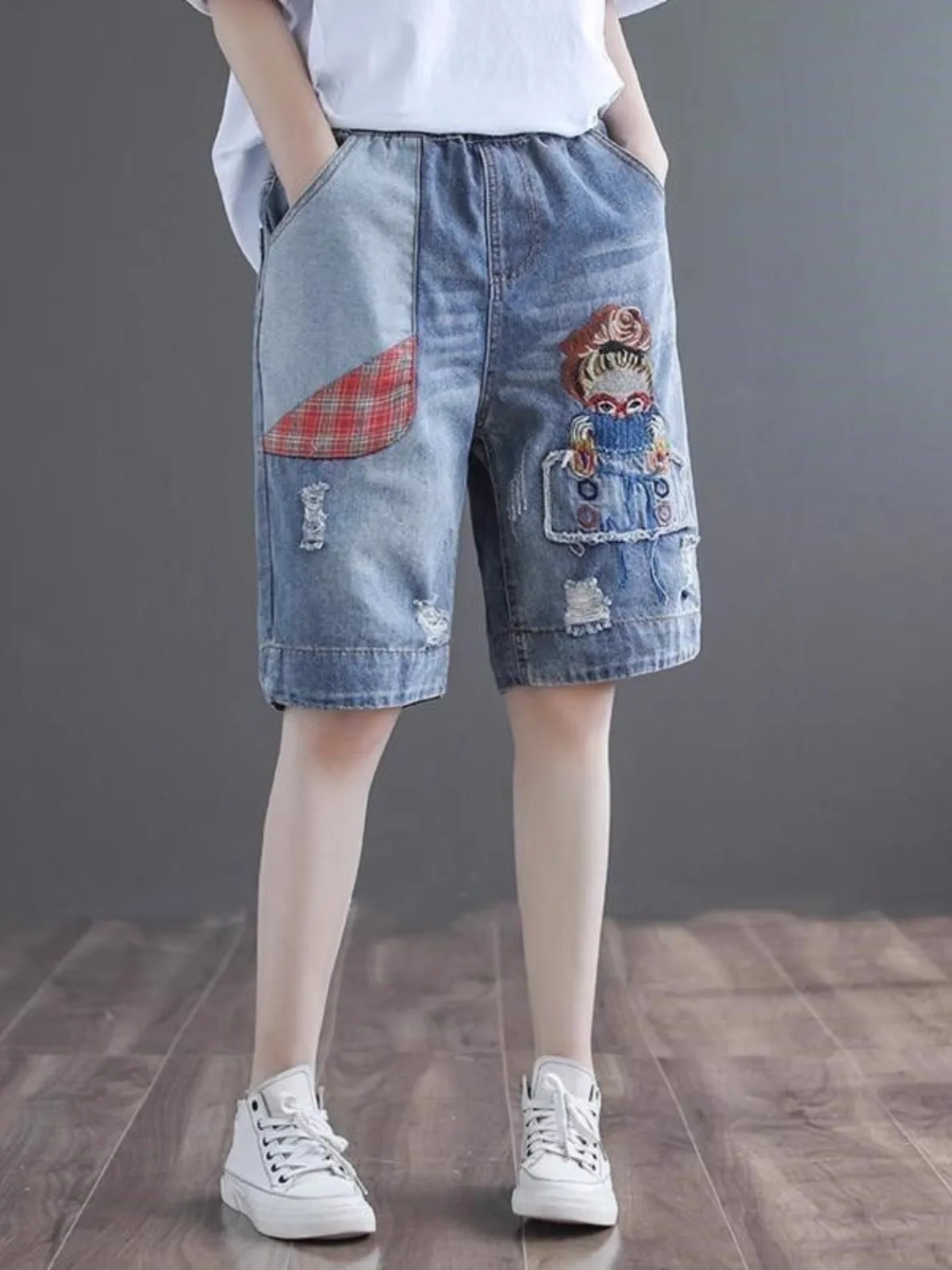 

Летние женские повседневные свободные джинсовые шорты-капри с широкими штанинами, эластичным поясом, прямым кроем, вышивкой и прорезями, большие размеры