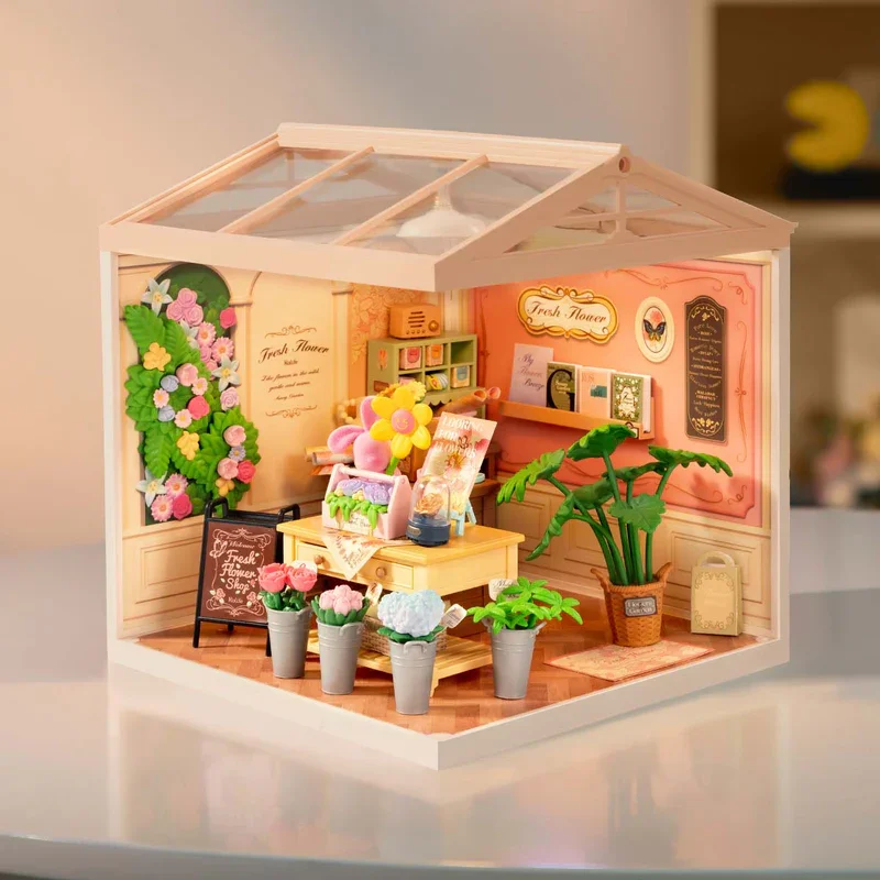 Robotime DIY Miniature House Kit Dollhouse Model Building Craft Kit Birthday Creative Gifts for Adults Kids Fresh Flower Shop