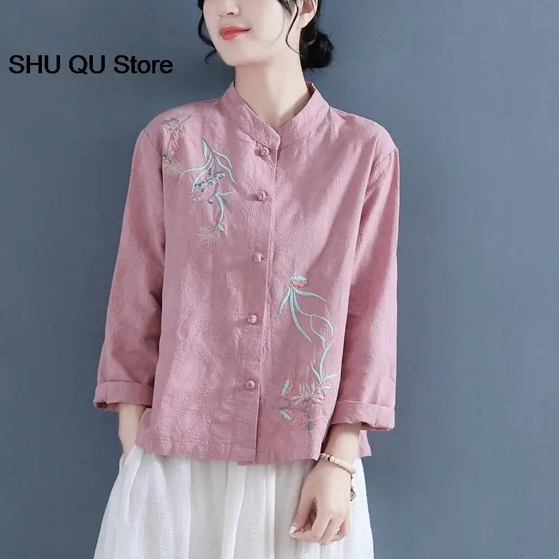 Chinese Style Embroidered Cotton Linen Shirts Spring Summer Retro Buttoned Long-sleeved Stand-up Collar  Clothes Loose Tops