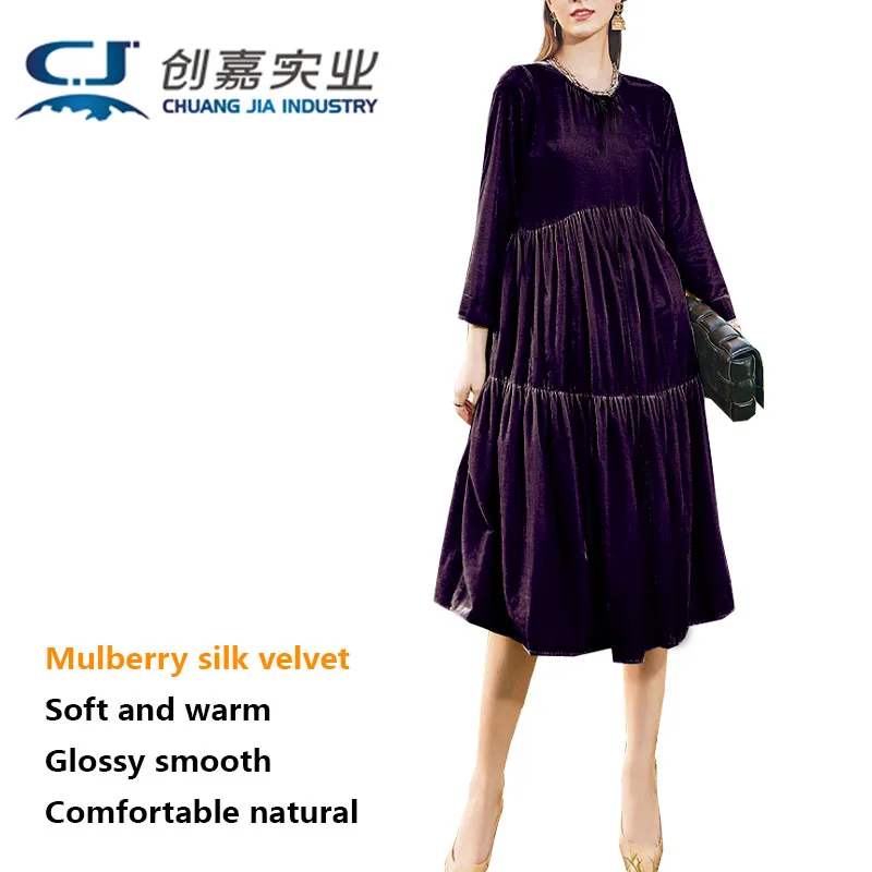 Mulberry Silk Velvet Spring Autumn Lady Seven-point Sleeve Crew Neck Dress Patchwork High-waisted Skirt Comfortable Luxurious