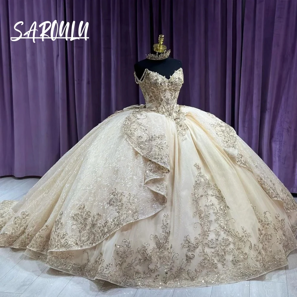 

2026 New Champagne Quinceanera Dress Off Shoulder Sequin Embroidery Ball Gown With Big Bow For Sweet 16 Adult Graduation Party