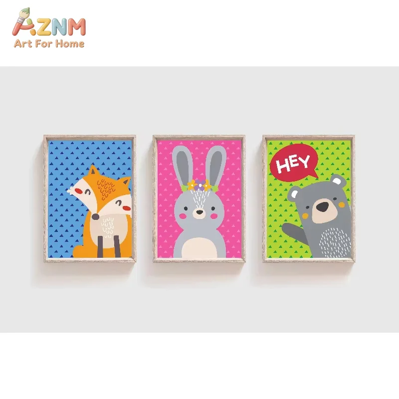 AZNM Cute Animal Greeting Frameless Decorative Art Rabbit, Fox, and Bear Canvas Posters Perfect for Children's Rooms Nurseries