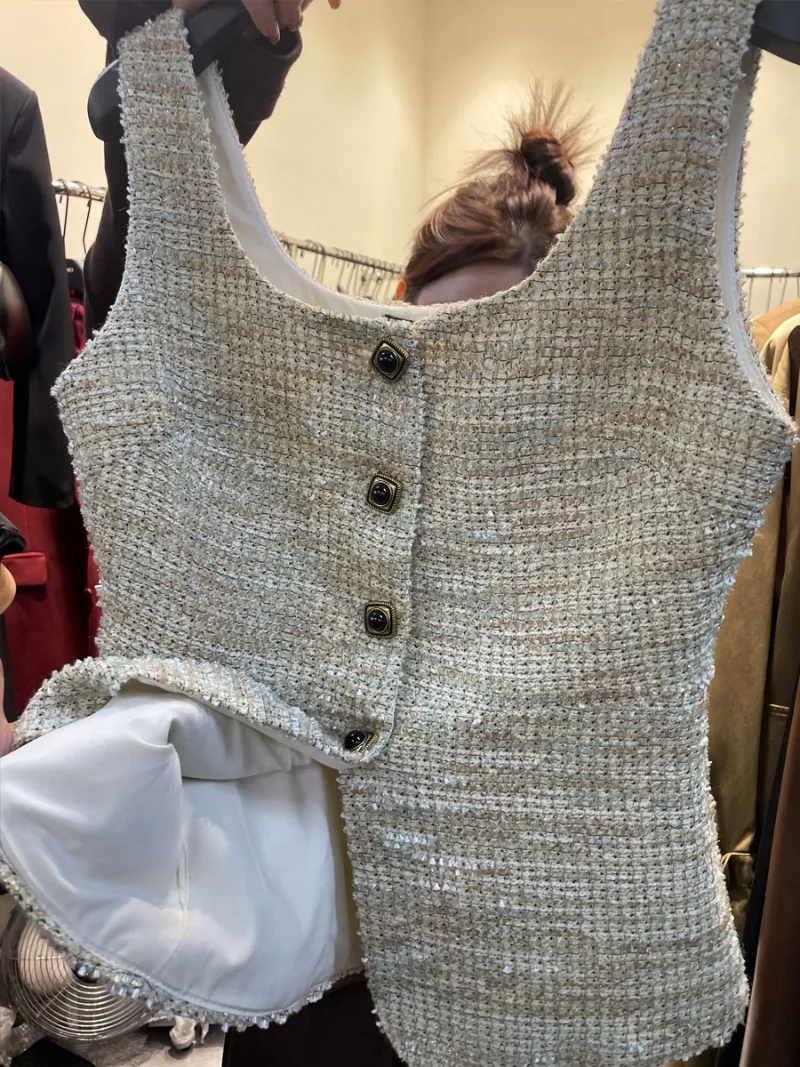 Tanks Camis Small Fragrance Style Square Neck Waist Wrapped Sleeveless Top Retro Tweed Coat Plaid Waistcoat Women Chaleco Vest