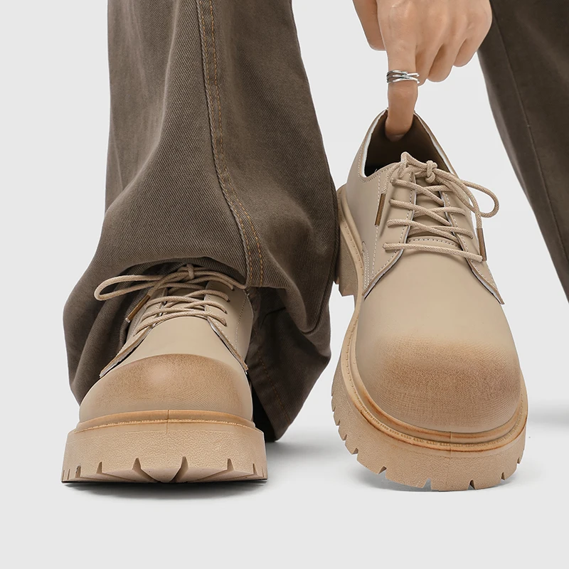 

Men's Low-cut Derby Boots - Autumn Casual Work Shoes with Thick Sole, Anti-slip & Heightening Design, Retro Style Leather Shoes