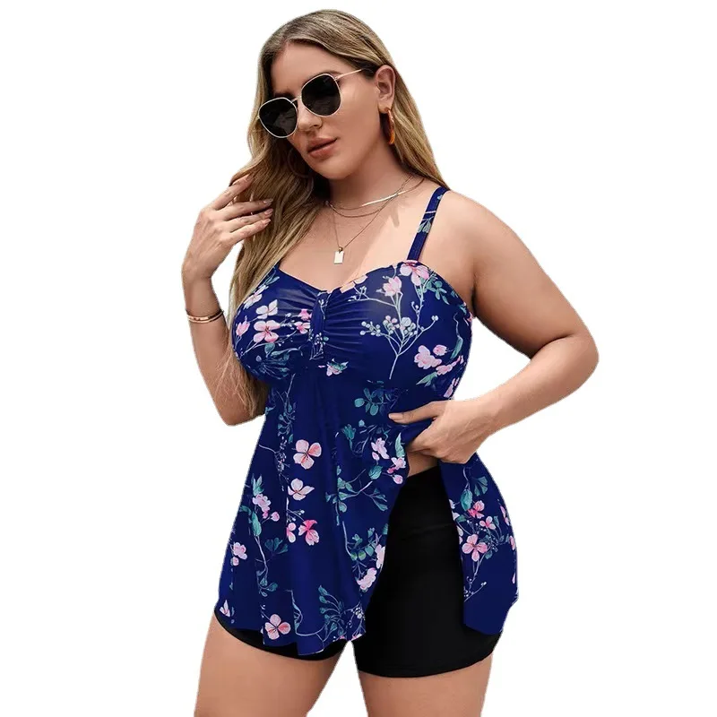 European and American plus plus Size Kinis Women's Printed Skirt Multi-Color Slim Fit Slimming High Waist Boxers Swimsuit