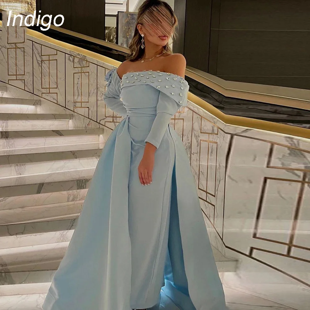 Indigo Prom Dress Mermiad Off The Shoulder Long Sleeve Beading Pleat Satin Rhinestone Elegant Evening Gowns For Women فساتين الس