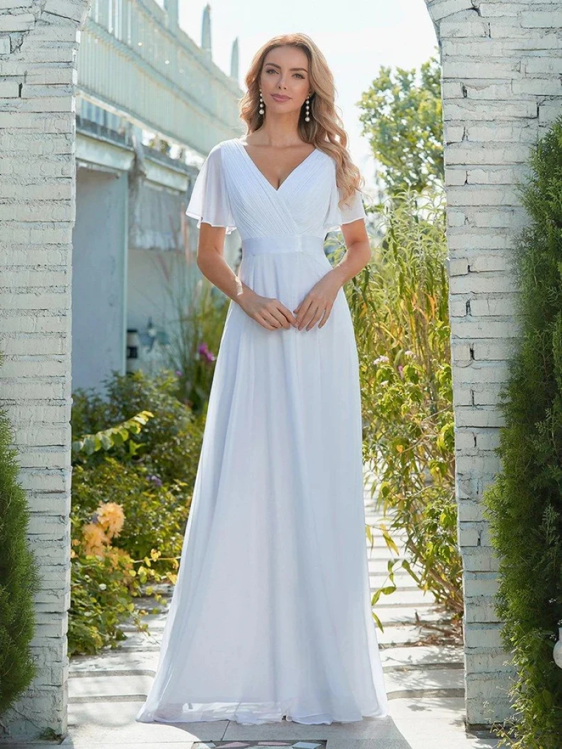 Elegant Women's White Dress Sexy V-Neck Backless Sheer Tulle Short Sleeve Bridal Wedding Dresses A-Line Long Summer Party Gowns