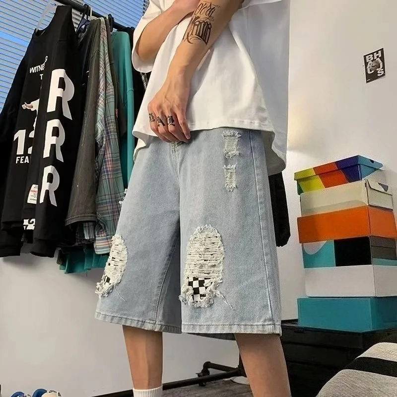 

Men's Ripped Checkerboard Denim Shorts Summer Casual Loose Fit 5 Panel Baggy Jean Shorts High Street Hip Hop Style