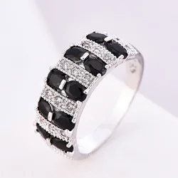 High-end Retro Elegant 925 Sterling Silver Big Rings for Women Black Stripe Crystal Zircon Silver Color Rings Girlfriend Gifts