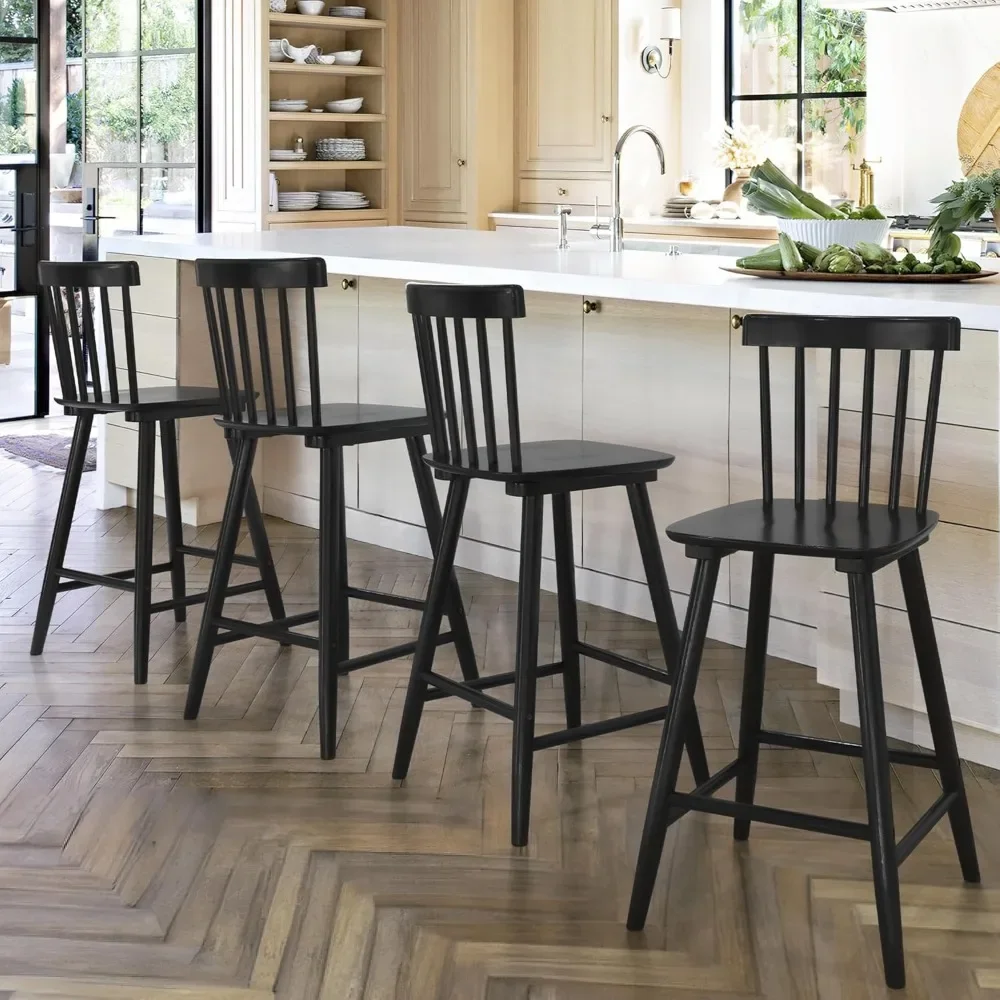 Windsor Wooden Bar Stools Set of 4 for Kitchen Island, Farmhouse Counter Height Stools Chairs with Spindle Back, Black