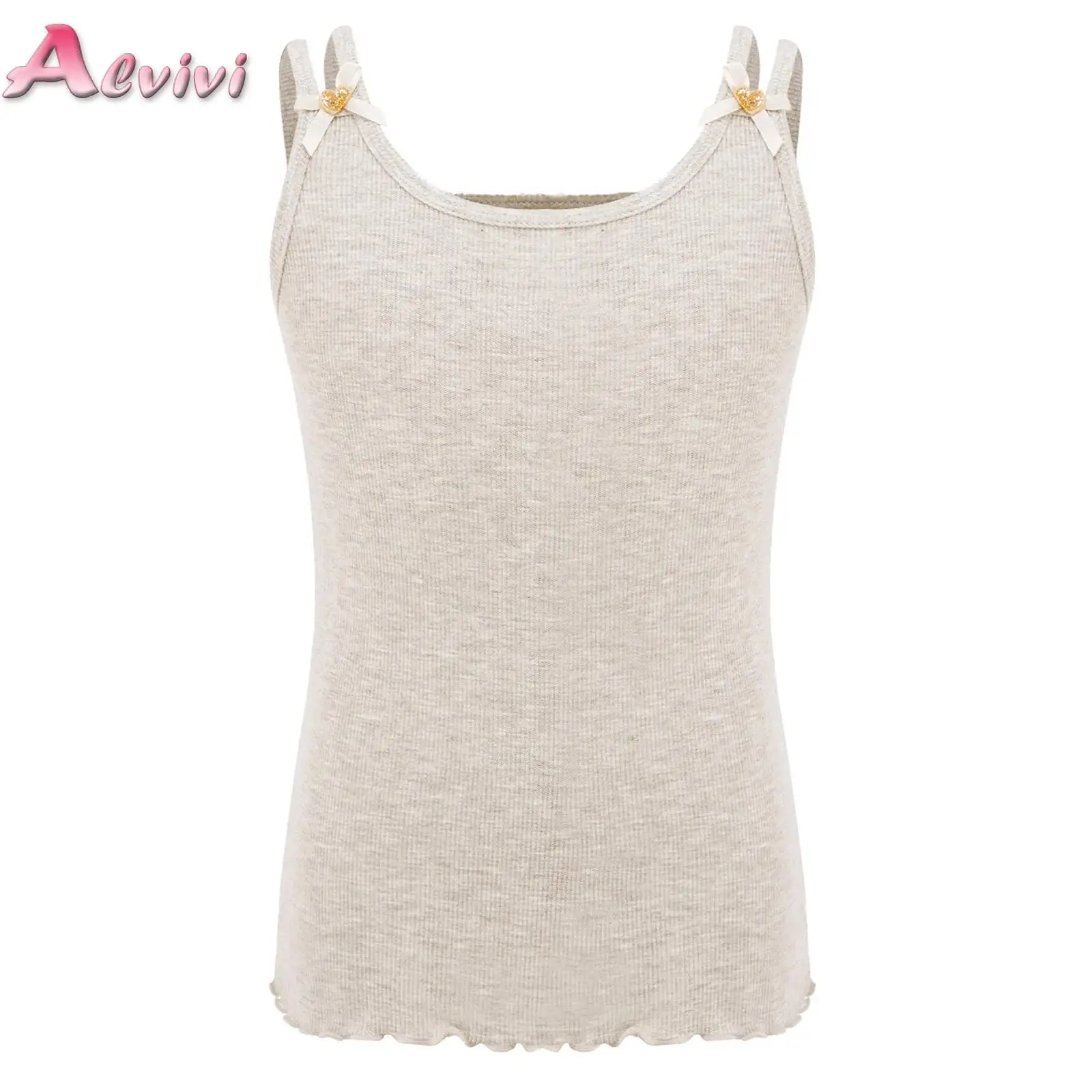 

Kids Girls Heart Bow Double Straps Vest Breathable Comfortable Lettuce Hem Ribbed Camisole Vintage Crop Top Casual Daily Wear