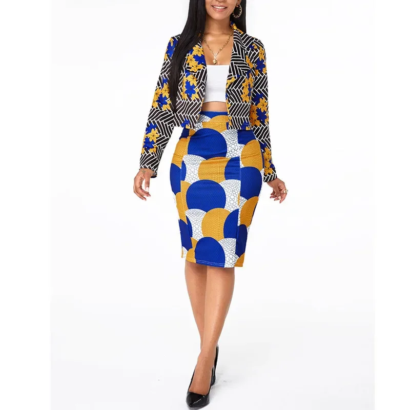 

African Fashion Blazers Set Women Oversized Short Blazer Print Skirt Suit 2023 New Spring Autumn High Waist Skirt Business Suit