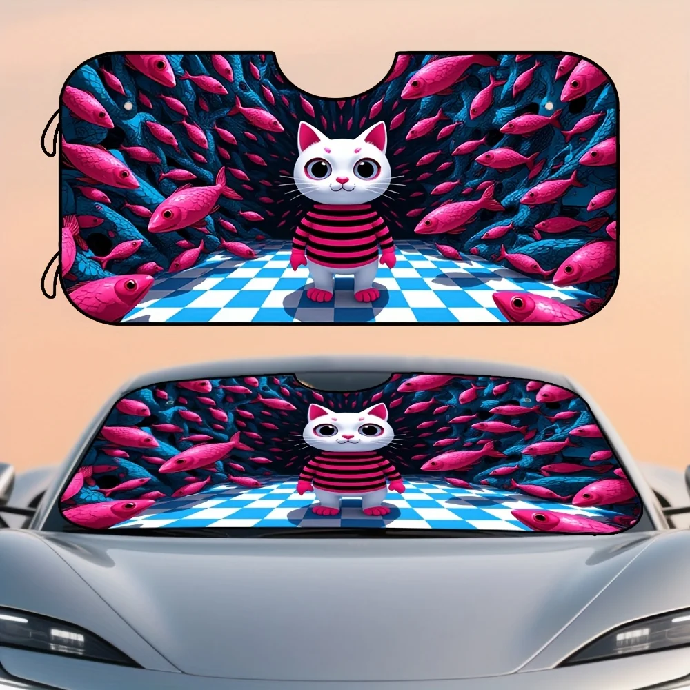 

1 шт. Автомобильный солнцезащитный козырек с принтом кота и розовой рыбы — складной полиэстер, универсальный, подходит для большинства автомобилей, идеально подходит для