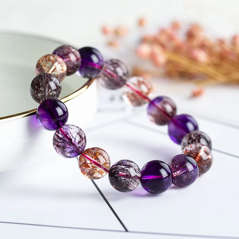 Natural Super Seven Crystal Boutique Tourmaline Hair Crystal Agate Hair-Free Olivine Moonstone Sugilite Gold Sun Bracelet