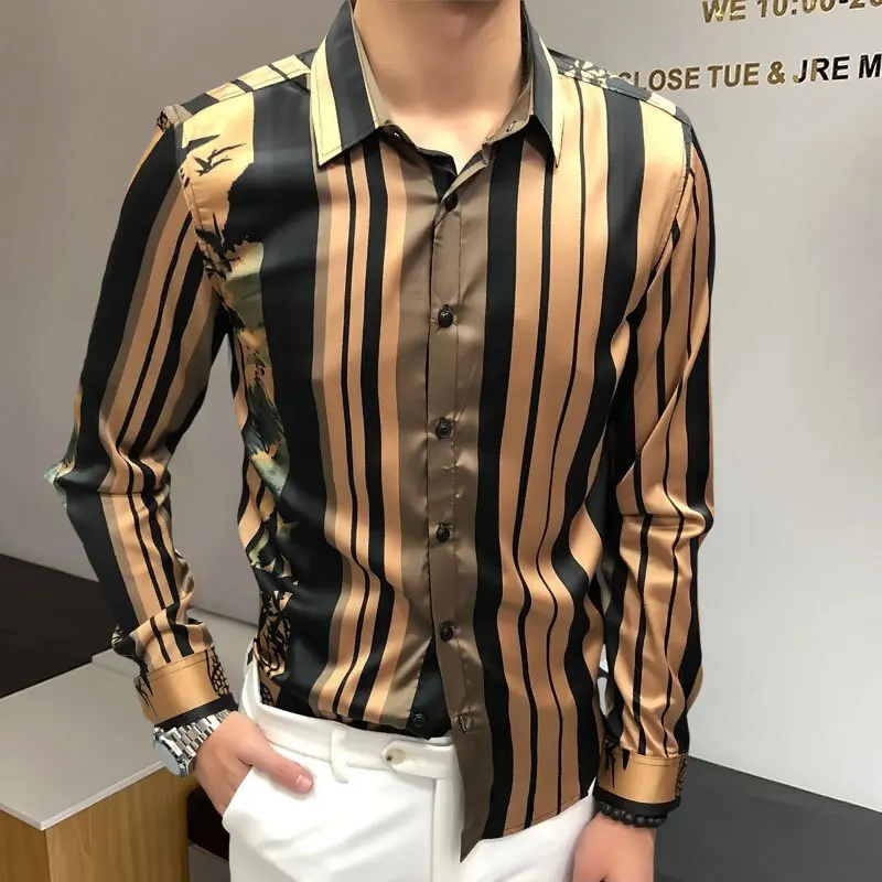 Luxury Retro Black Gold Print Wedding Shirt 2023 Spring  Shirt For Men Flower Shirt Party Vintage Shirt Camisa Social Masculina