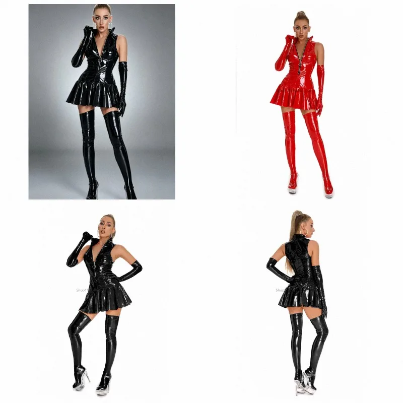 Robe mini en cuir PU pour femmes, élastique, sexy, plissée, robes de soirée, tenue de club, tenue de soirée en boîte de nuit, costume de danse, costume de performance cosplay