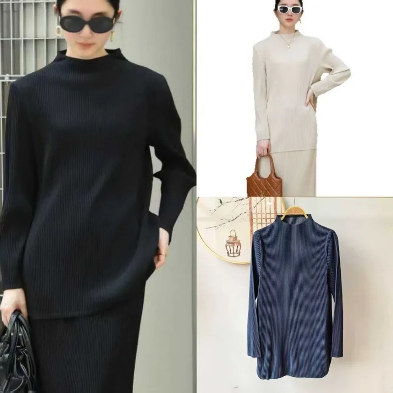 

Плиссированная футболка Miyake, осень-весна 202, повседневная новинка Miyake, высококачественные плиссированные свободные повседневные топы с полуводолазкой больших размеров