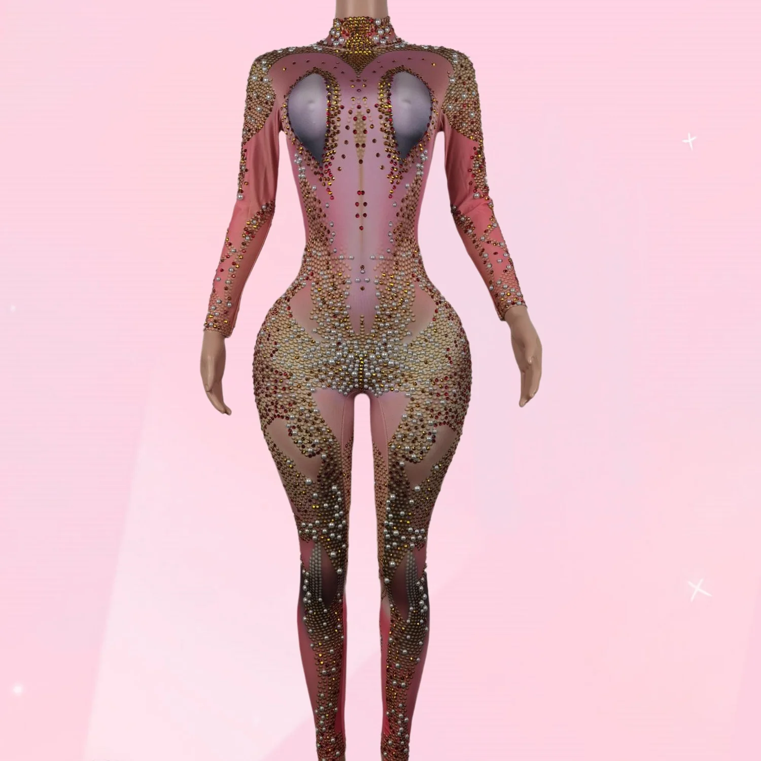Women Celebrate Festival Leotard Bar Singer Stage Dance Costume Sparkly Crystals Rhinestones Jumpsuit Nude Stretch Outfit Feie