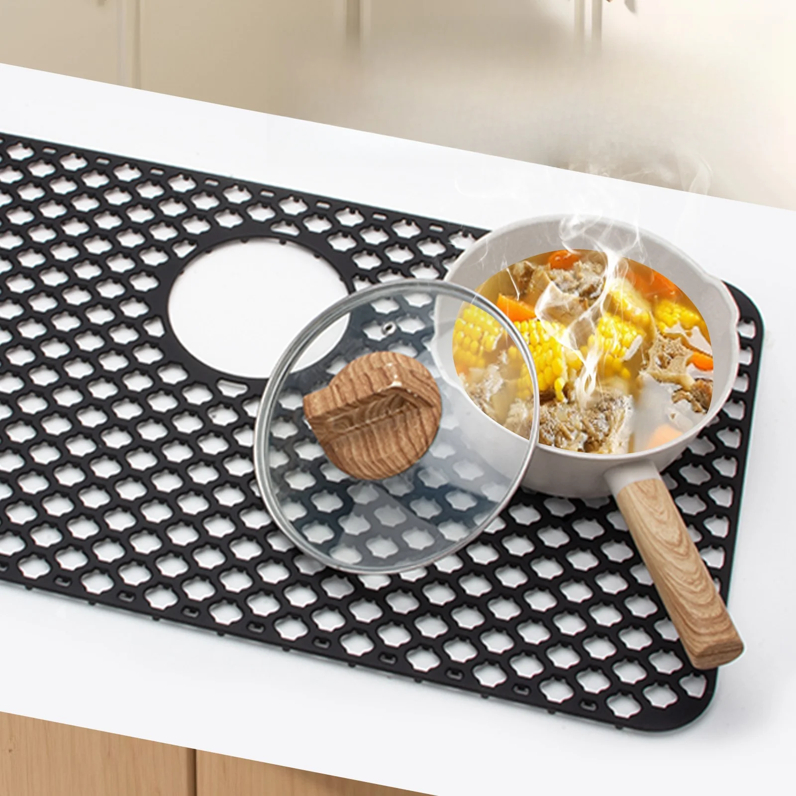 66cm Silicone Sink Mat With Holes Sink Protectors For Bottom Of Kitchen Sink Heat Resistant Dishes Draining Mats