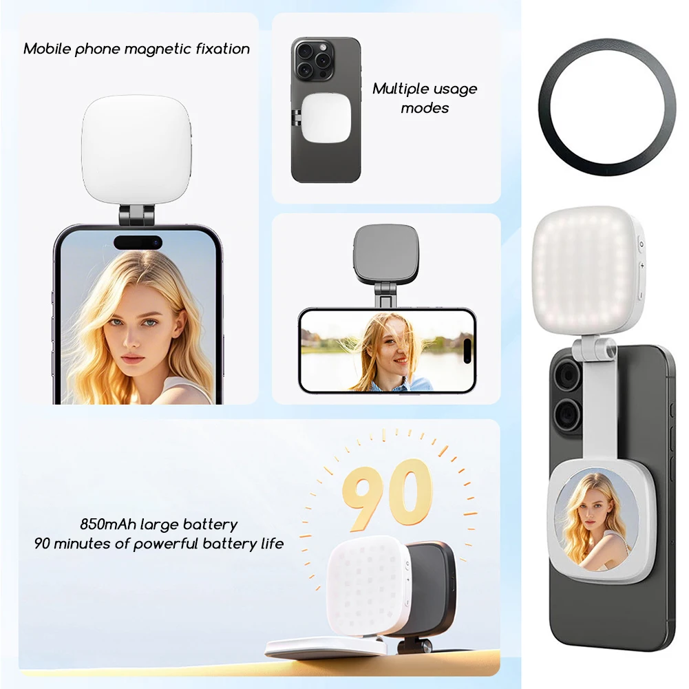 Selfie Ring Light with Mirror Portable Magnetic LED Video Photography Light Rechargeable for Smartphones Tablets