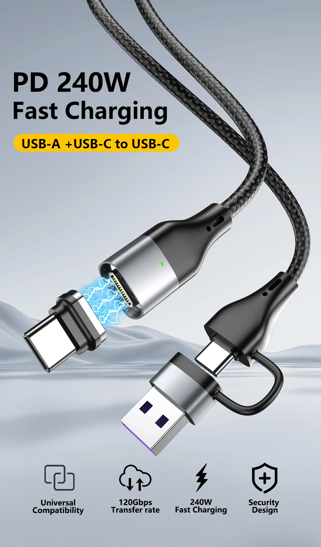 PD 240W USB-C Magnetisches Datenkabel USB Typ C Ladekabel 3-in-1 Schnellladegerät USB-C Kabel für iPhone 17 16 15 Huawei Datenkabel – Detail 1