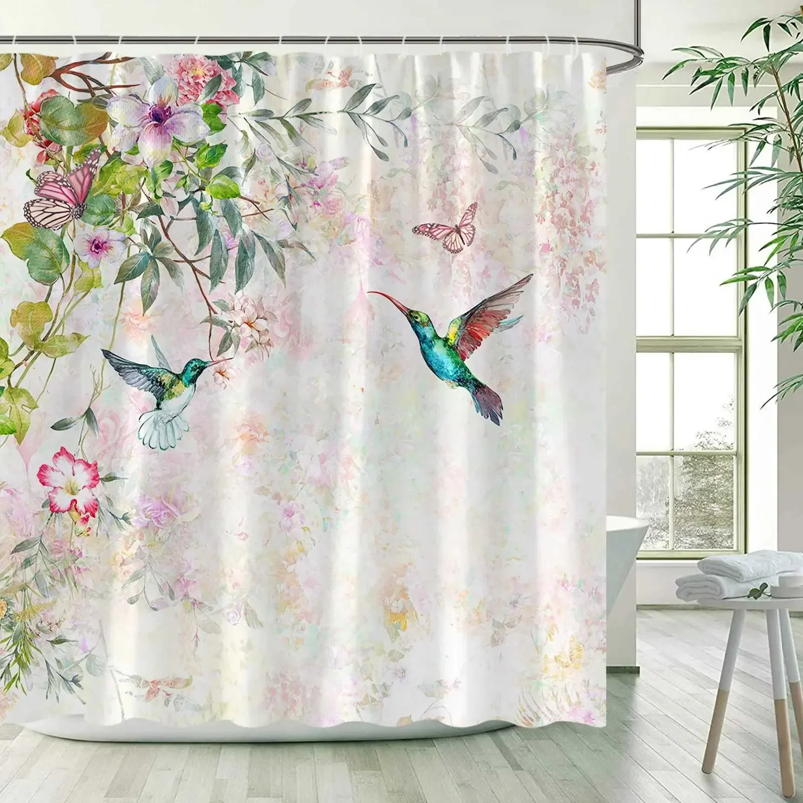 

Watercolor Hummingbird Floral Print Shower Curtain, Waterproof Polyester Bathroom Curtain with Hooks for Home Decor