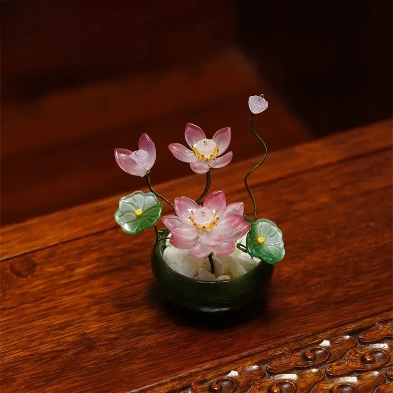 Chinese Mini Flower Ornament Ceramic Flower Pot Ornament Handmade Winding Lotus Flower Decoration Desktop Chinese Decoration