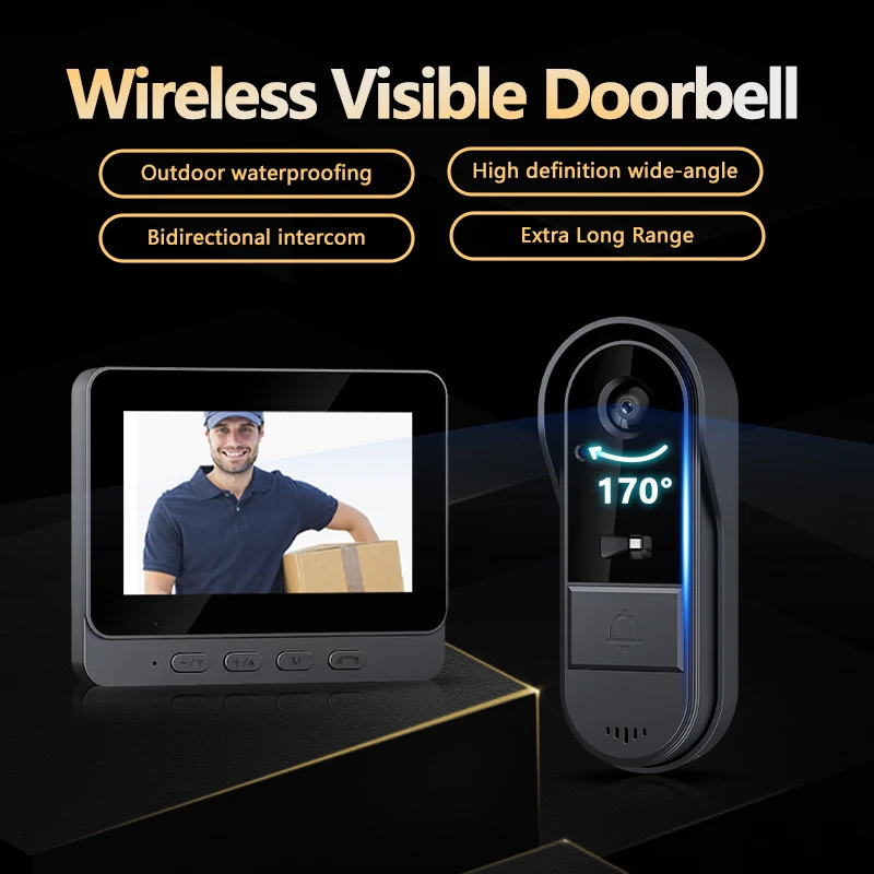 Timbre de intercomunicación inalámbrico con visión nocturna HD, pantalla IPS de 4,3 pulgadas, cámara de timbre impermeable, vídeo de seguridad inteligente para el hogar por Bell