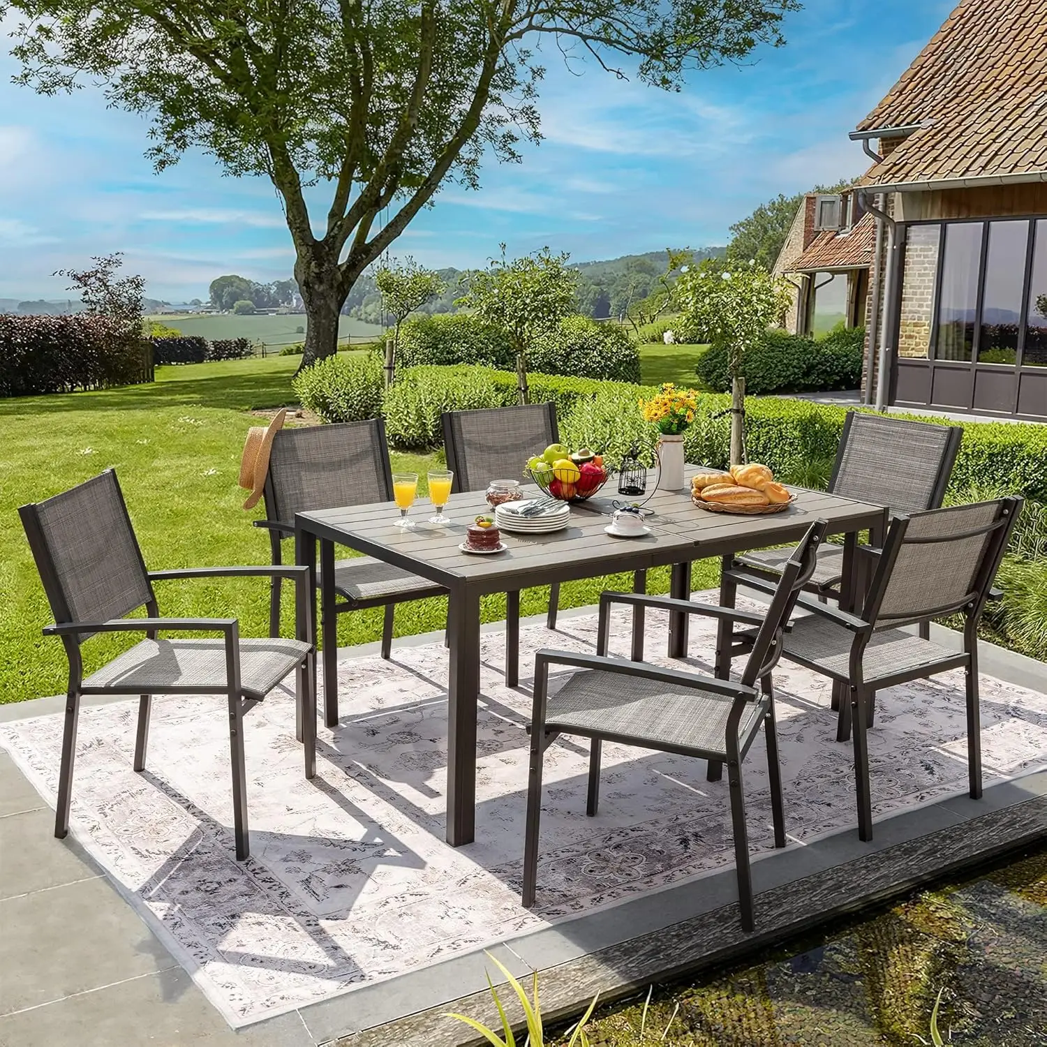 Patio Dining Set 7 Piece Metal Frame Outdoor Furniture with 6 Textilene Chairs and Rectangular Table Family Conversation Set