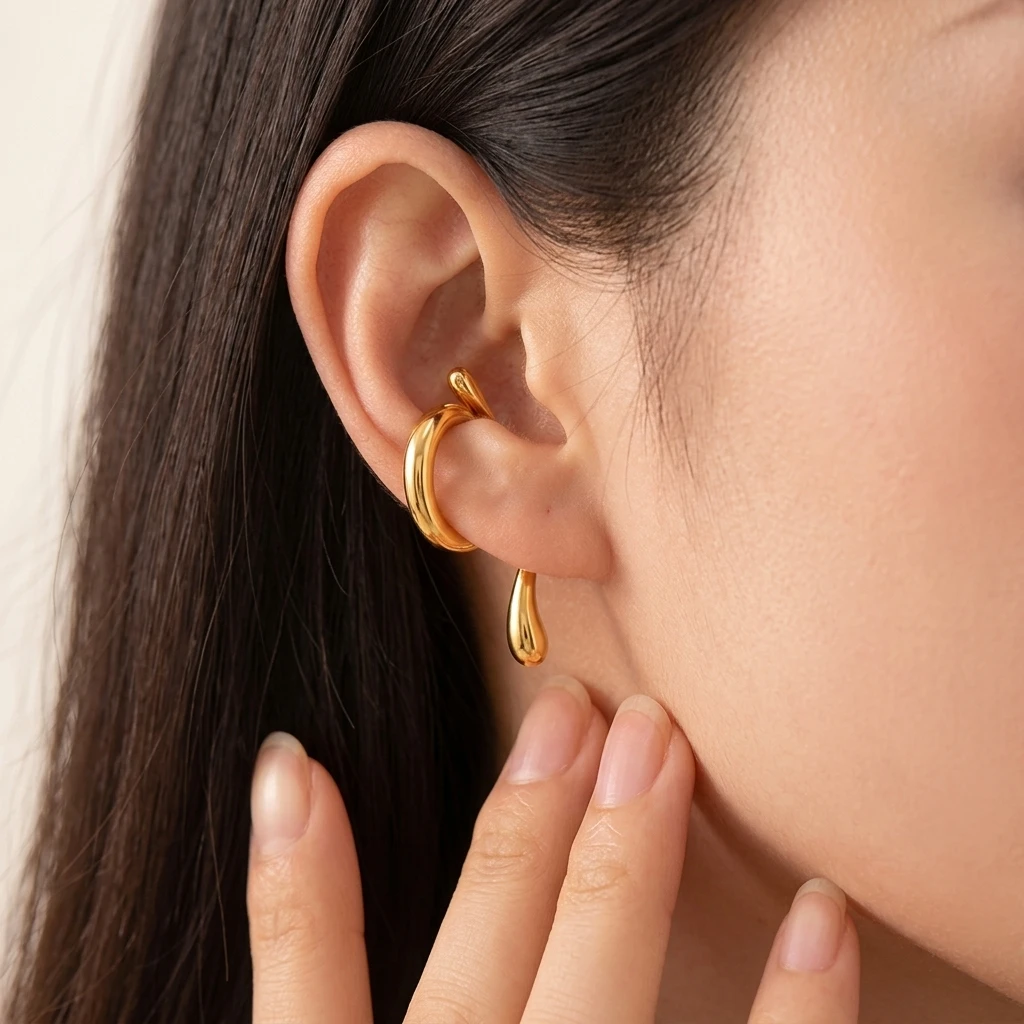 Miia Jewelry 18K Gold Stainless Steel Abstract Liquid Teardrop Clip On Earrings Irregular Curved No Piercing Ear Cuffs For Women