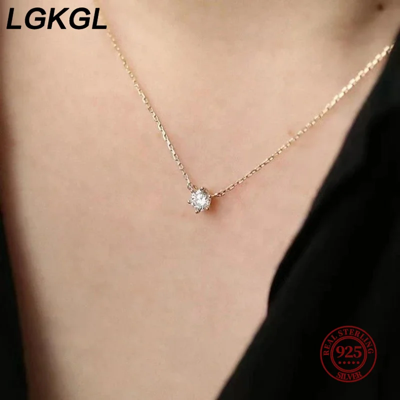 LGKGL 925 Sterling Silver Sparkling Clavicle Chain Choker 18K Necklace Simple 5A Zircon Gypsophila Pendant Necklace For Women