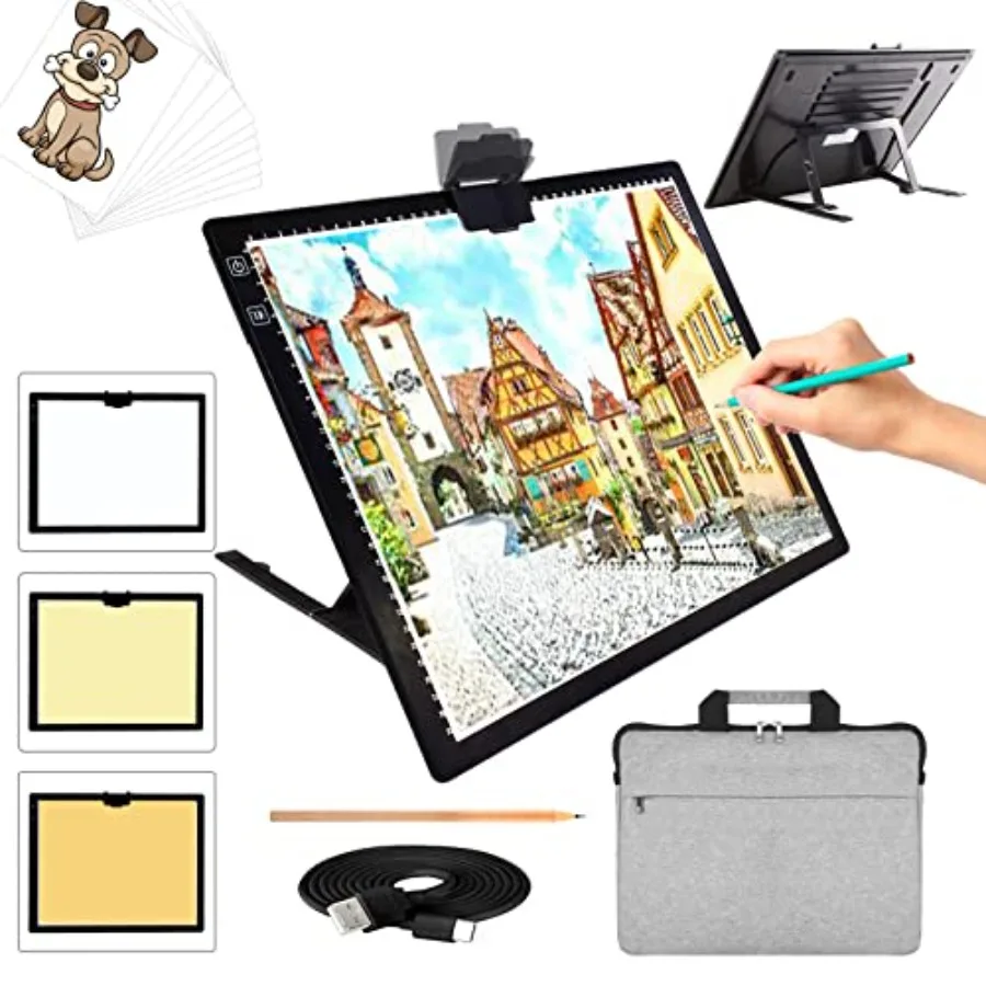 

A3 LED Light Pad with Carry Bag Wireless Rechargeable Light Board with Stand and Top Magnetic Clip 3 Colors Stepless Dimmable 6