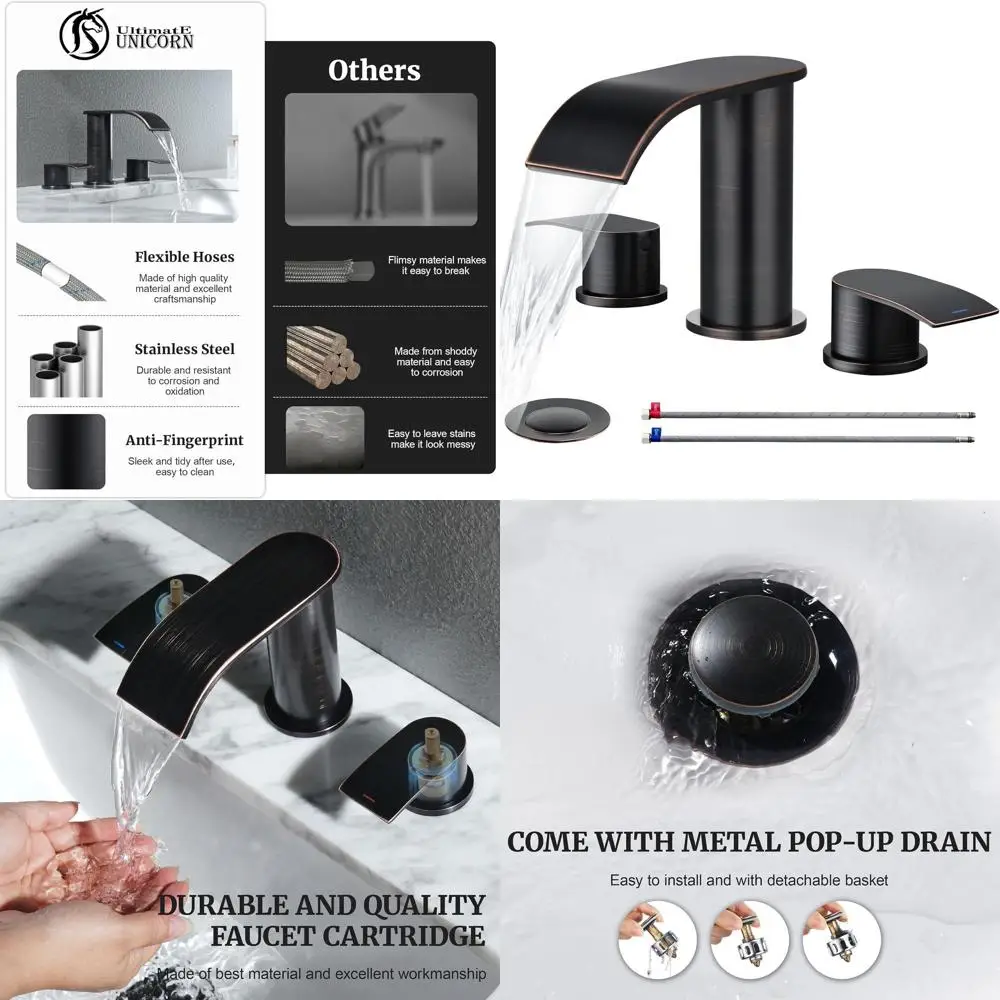 

8 Oil-Rubbed Bronze Waterfall Sink Faucet with Pop-Up Drain and 2 Hoses for 3-Hole Vanity