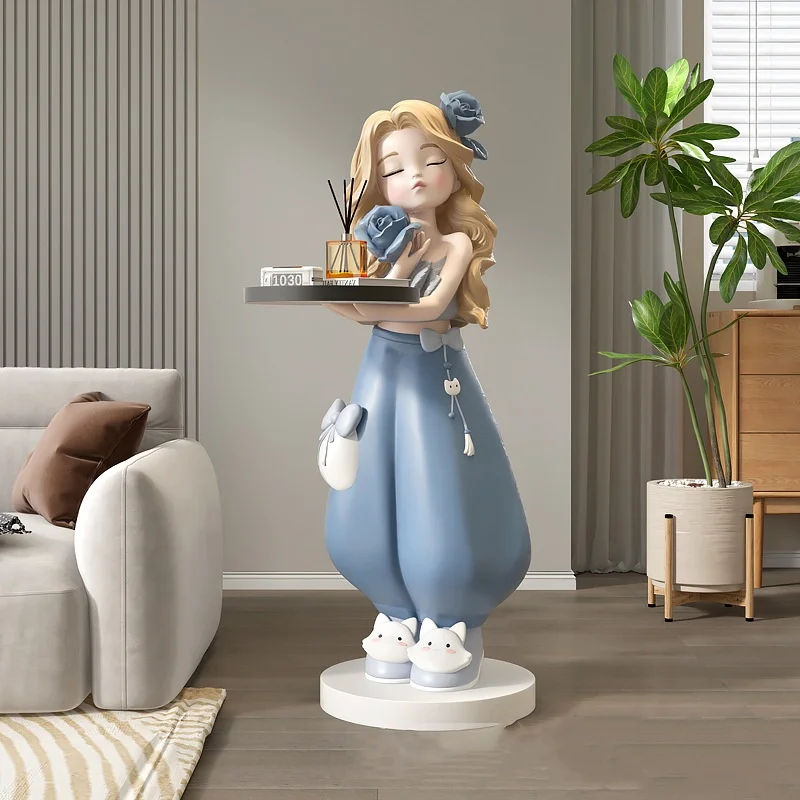 Large Cartoon Girl LED Floor , Resin Sculpture Ornament for Living Room Sofa Corner Decor