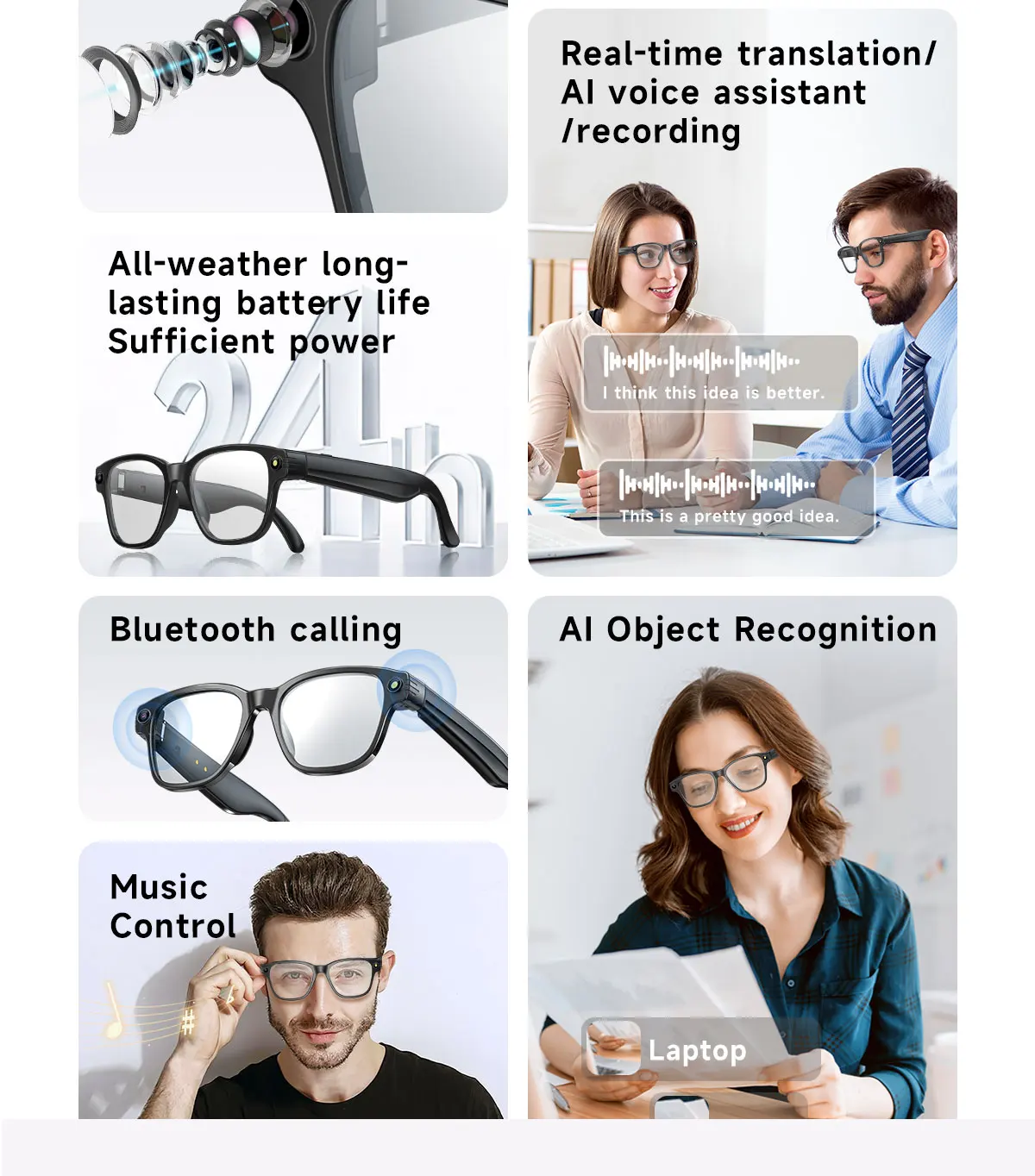 Smart Glasses Take Photo Video Record Real-time Translation Bluetooth Call Glasses Voice Assistant Music Playback Sunglasses