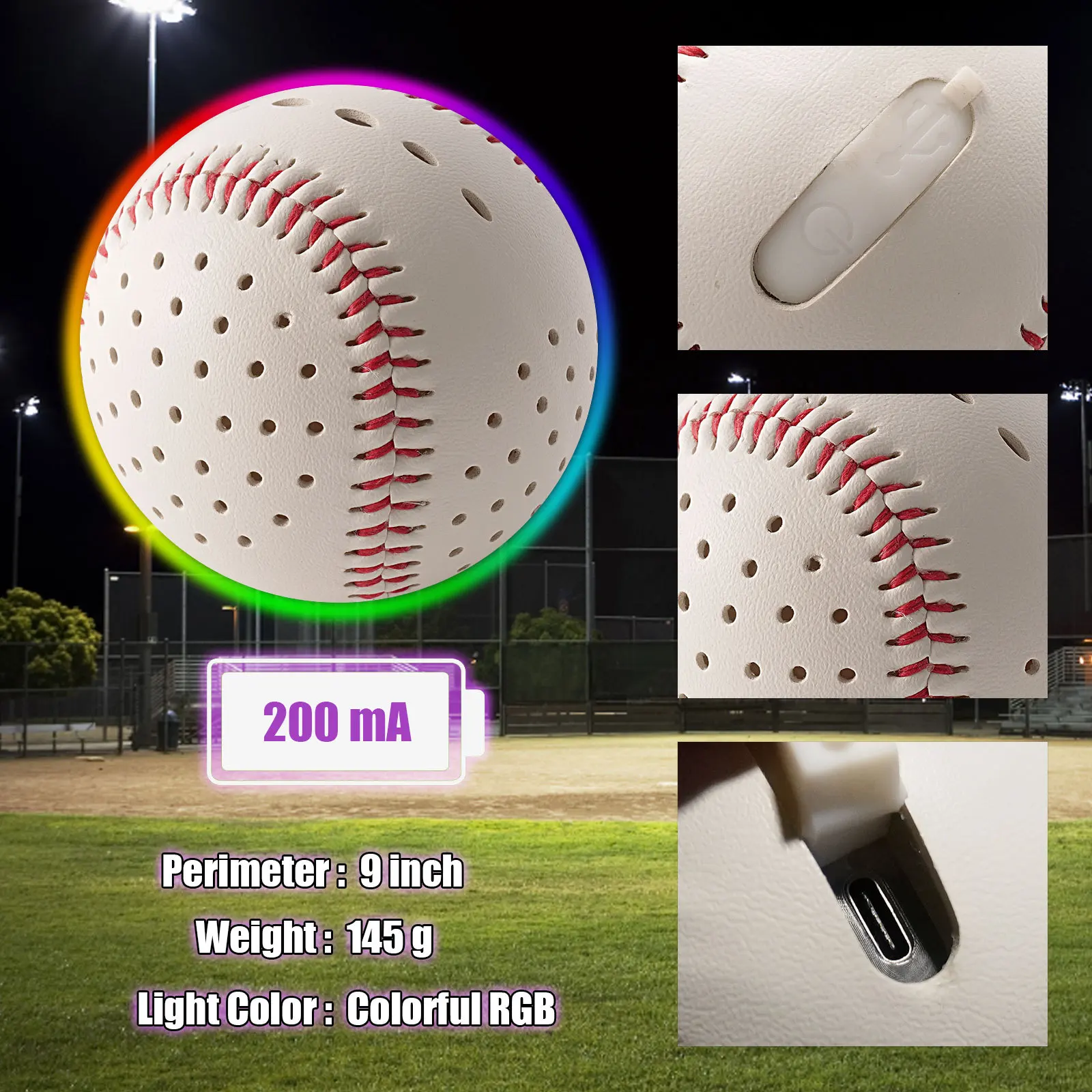 1Pcs Glow Baseball Colorful LED Light Up 6 Colors 2 Shining Molds Faux Leather Rechargeable Practice Baseball Decoration Gift