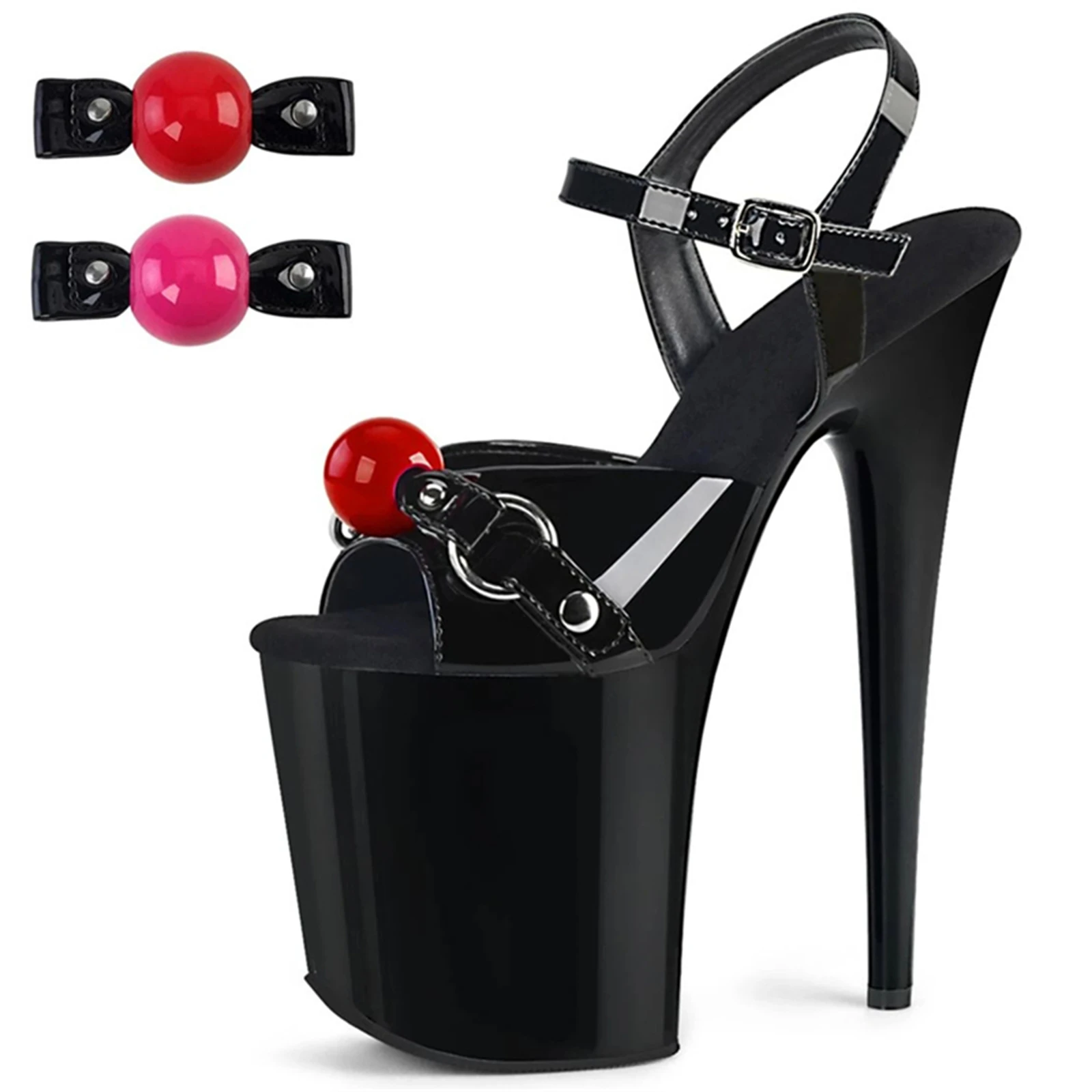 

​20CM Platform Sandals Black, LUCKY Peep Toe Heels with Interchangeable Ball Anklet, Detachable Decor Party Shoes​