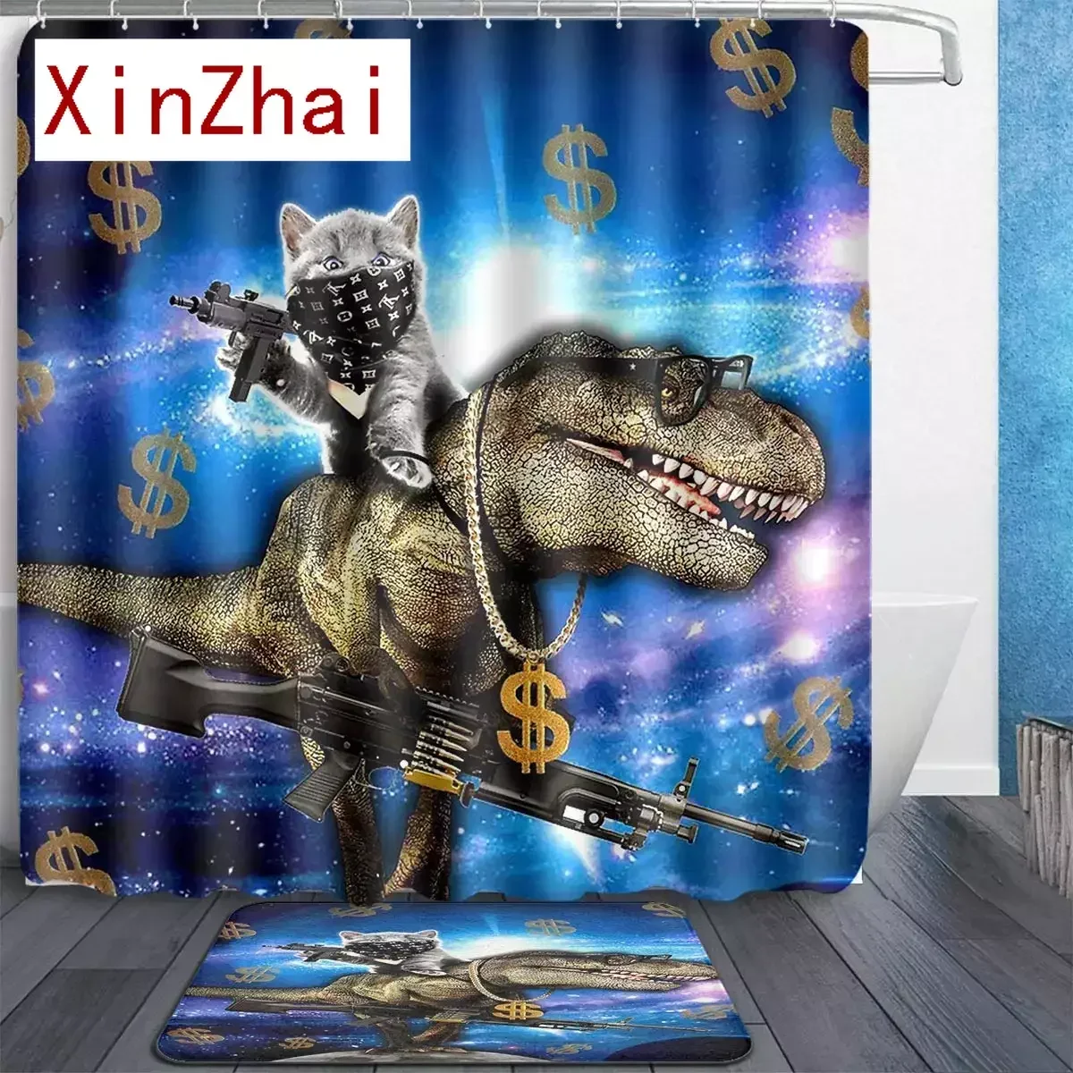 Space Cat Riding Dinosaur T-rex with Guns Dollars Shower Curtain