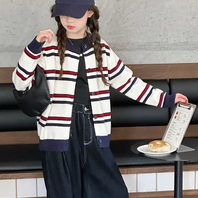

Kids Girl Autumn Sweater Coat Children Girl Striped Contrast Color Knitted Top Junior Girl Single-breasted Long Sleeve Outerwear